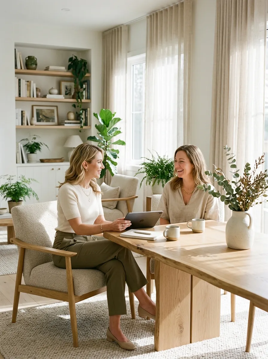 Dentist and patient in quiet, sunlit room conversing comfortably without clinical machinery