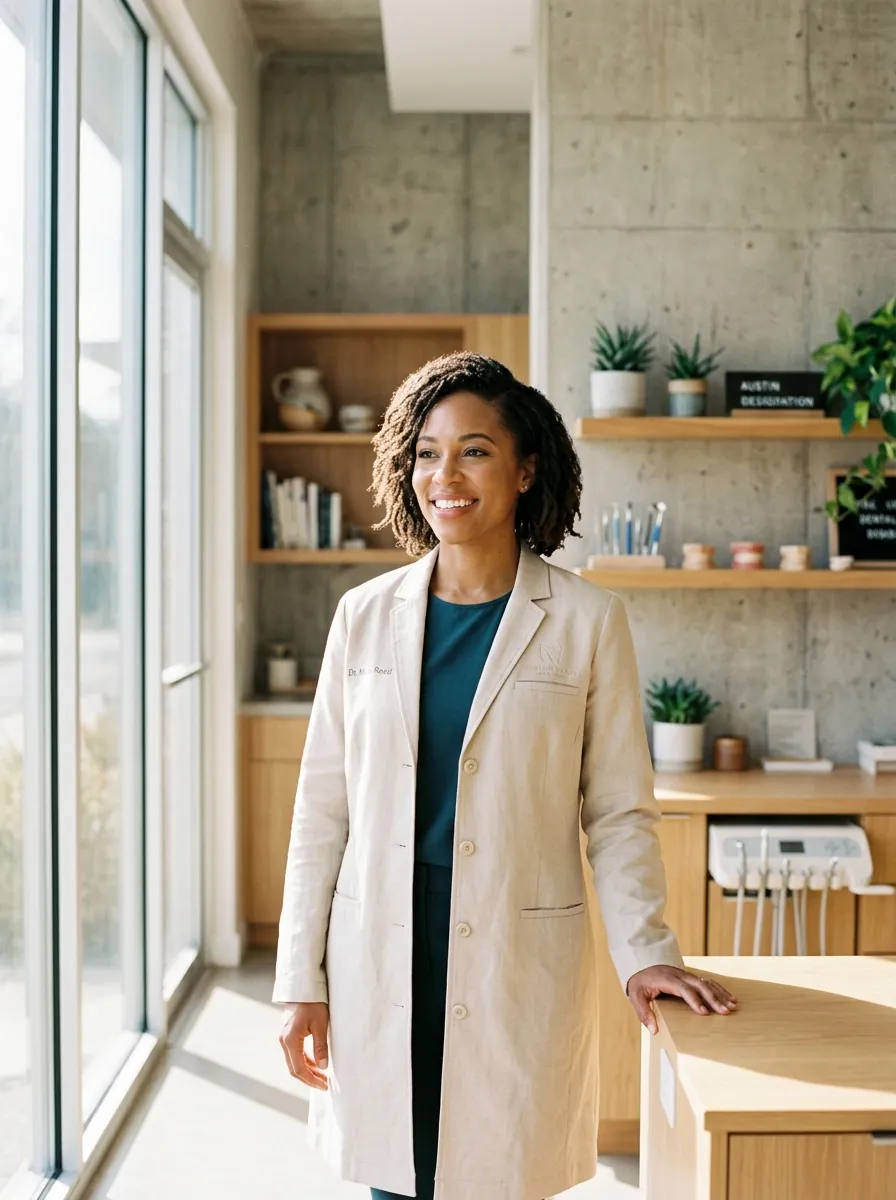 Candid portrait of Dr. Maya Reed in a sunlit Los Angeles studio